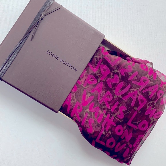 RARE Louis Vuitton Limited Edition Neon 💕Pink LV Stephen Sprouse Graffiti Scarf - Picture 16 of 16